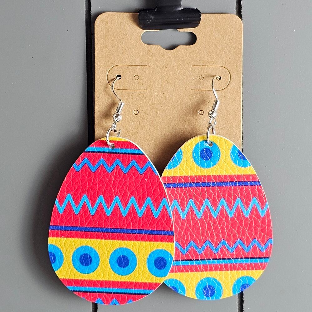 Easter Egg Drop Earrings Faux Leather Red Yellow Blue Teardrop 2.89" Lightweight